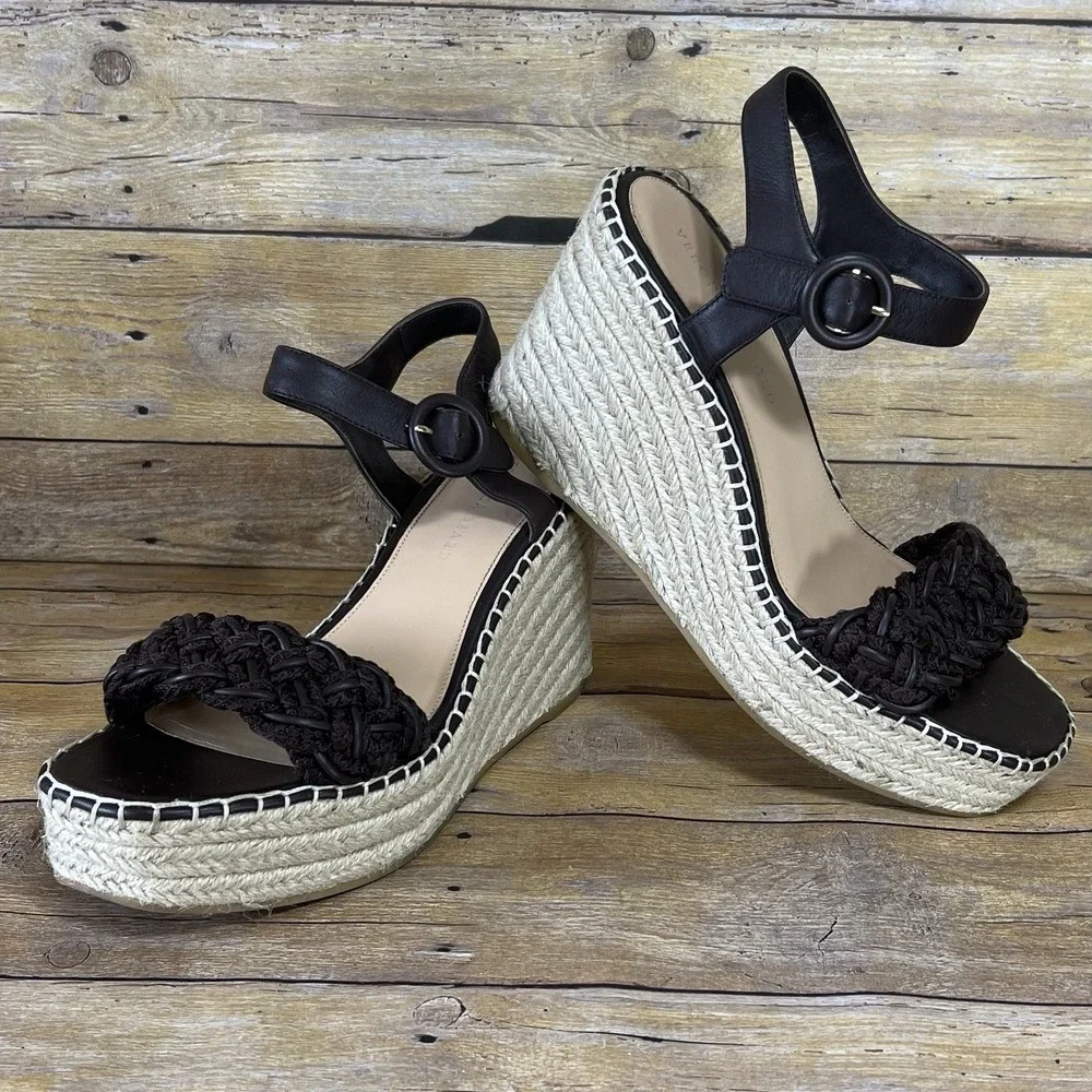 Veronica Beard Black Braided Espadrille Wedge  Leather Ankle Strap Size 10‎